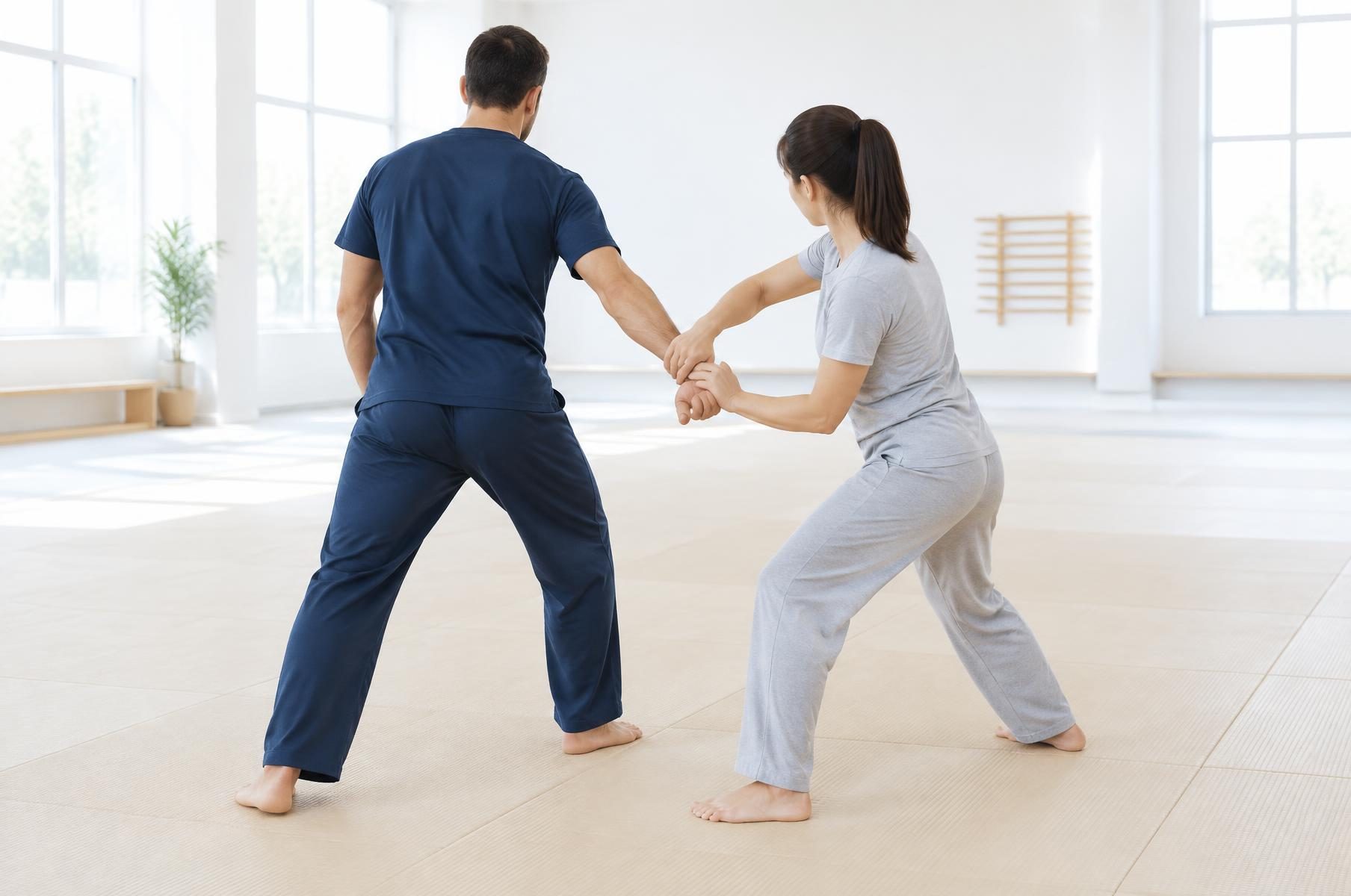 Dos instructores practican una técnica de control sobre un tatami claro