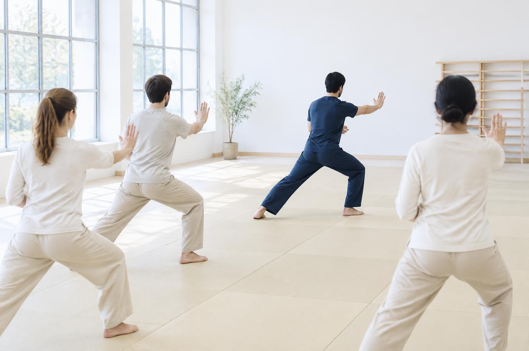 Instructor guía desplazamientos de un grupo sobre un tatami claro