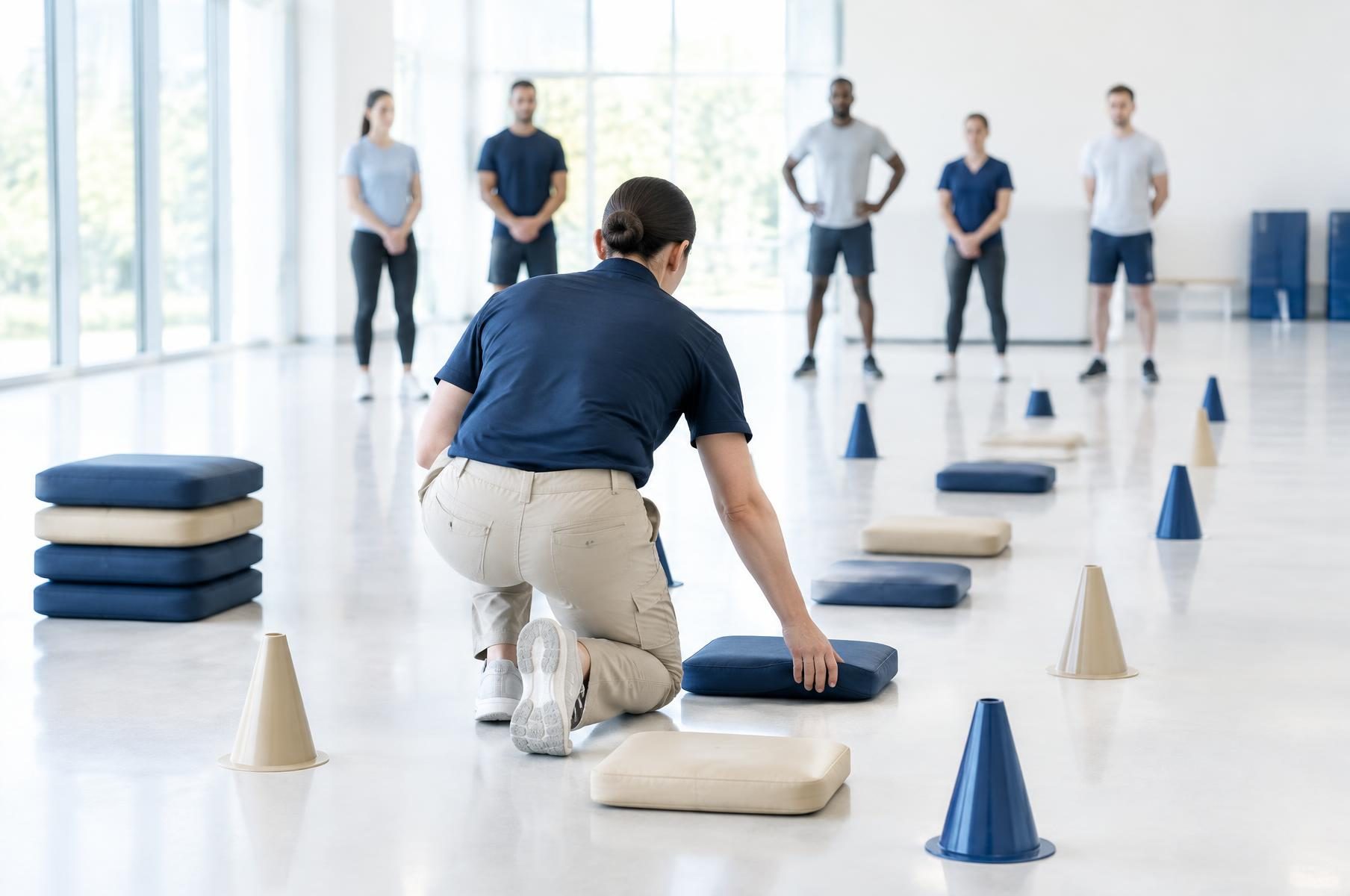 Instructora prepara un circuito técnico con material de entrenamiento