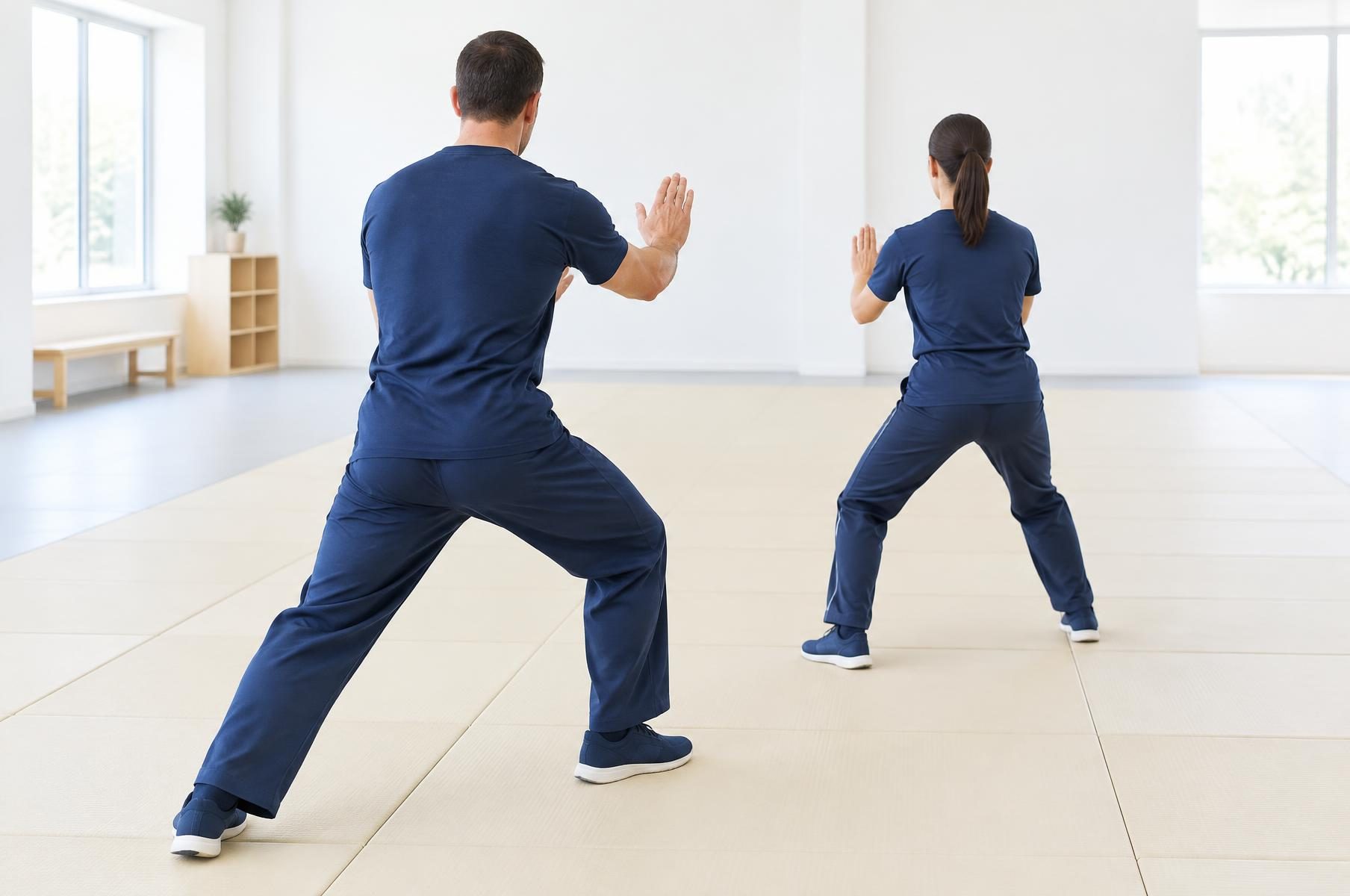 Dos instructores practican una posición defensiva en una sala clara