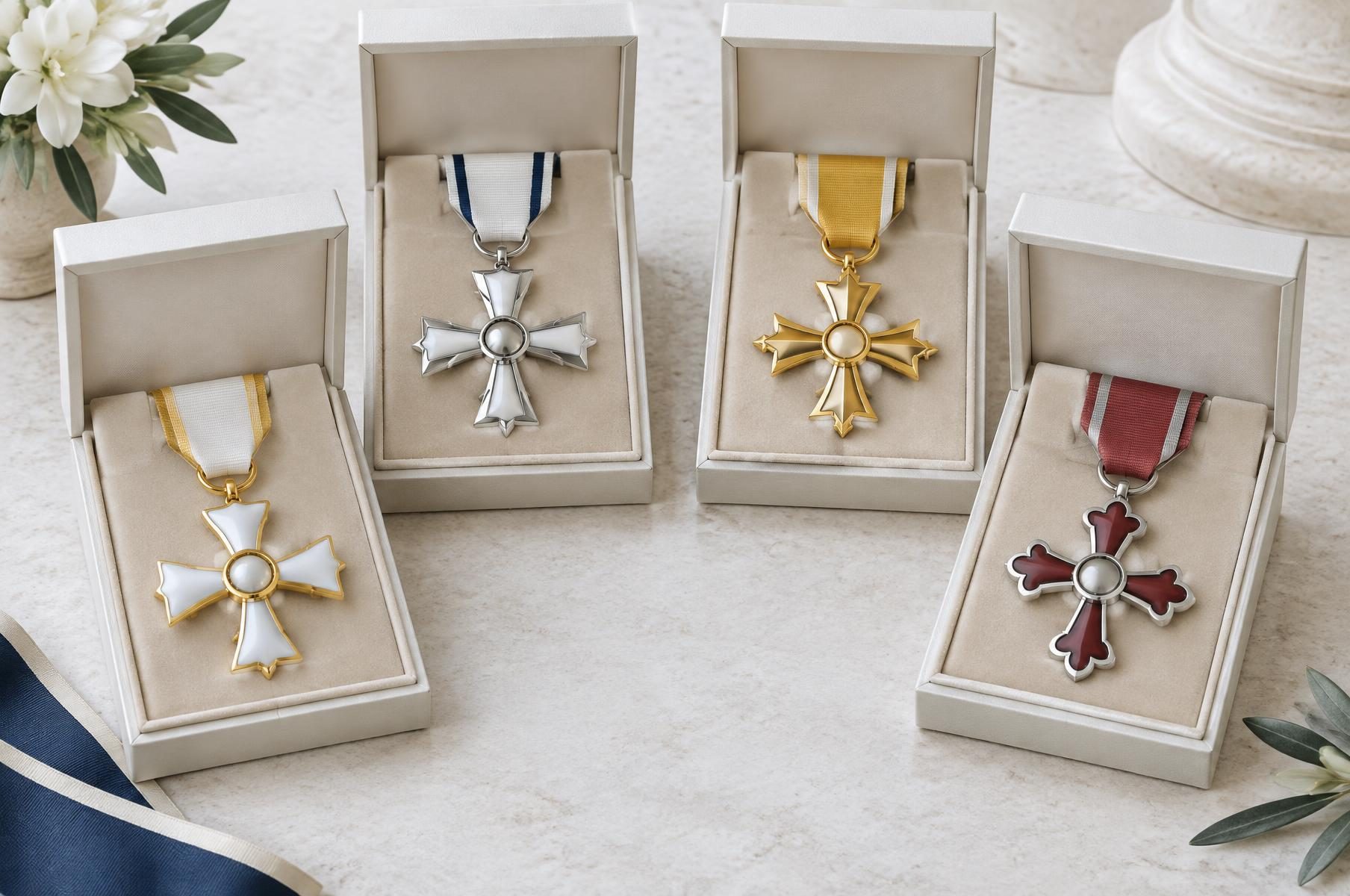 Cuatro condecoraciones de esmalte blanco, plata, oro y rojo en sus estuches