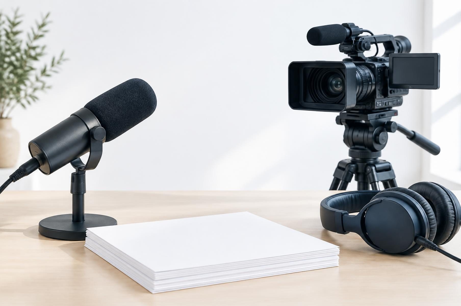 Micrófono, cámara de vídeo y auriculares preparados para una entrevista